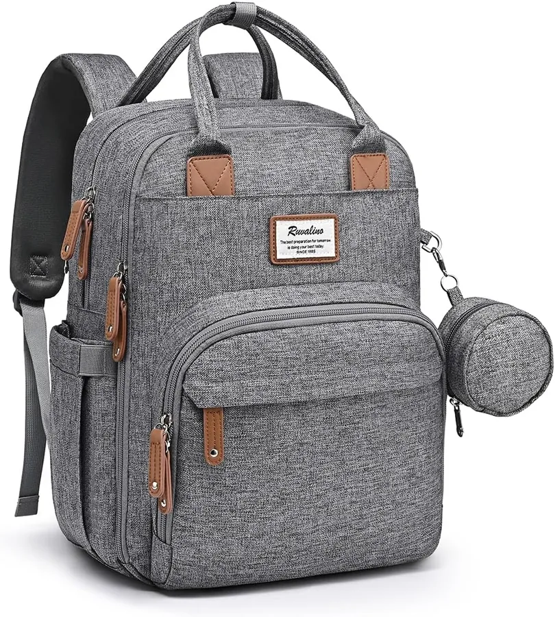 Gray diaper bag backpack with changing pad