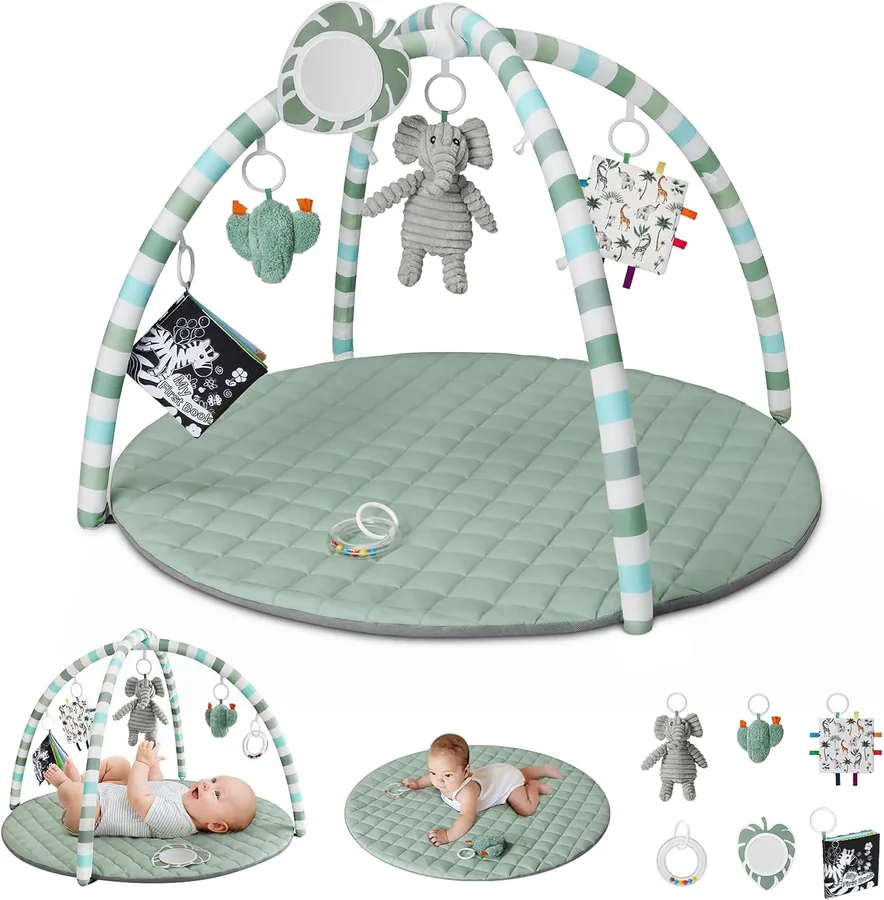 Sage-green baby play gym with detachable toys